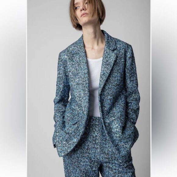 NEW Zadig & Voltaire Vanille Sequin Blazer Denim Blue Size 34 / XS - Picture 1 of 13